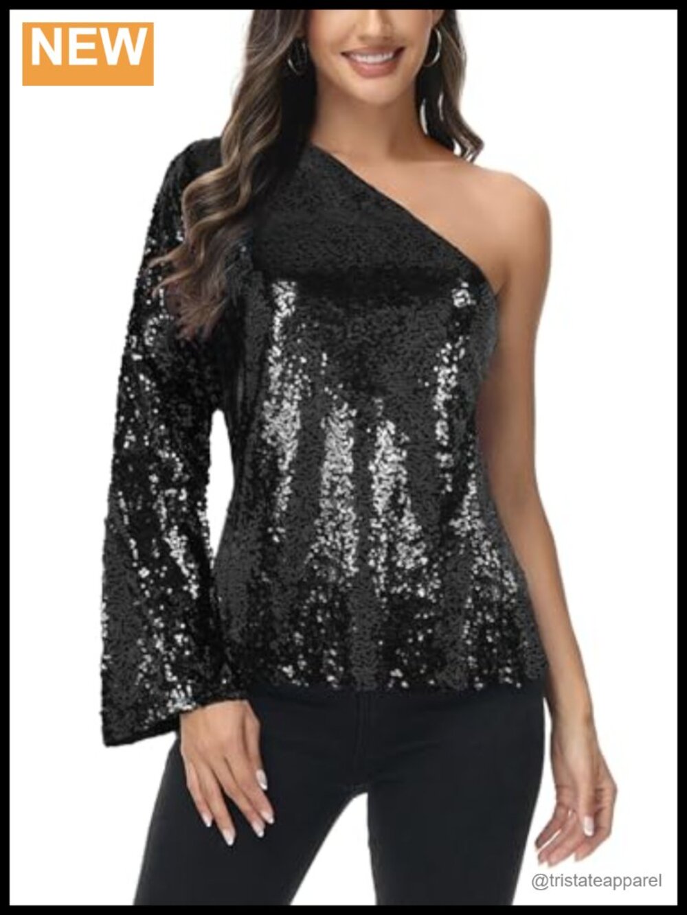Sequin One Shoulder Long Sleeve Party Top Blouse for Women